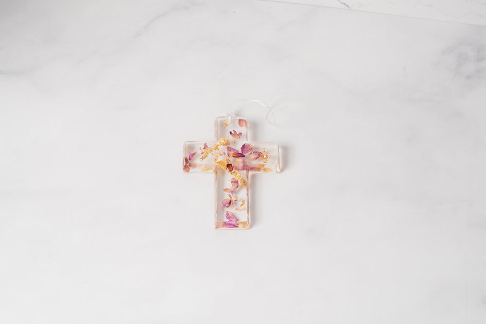 
            
                Load image into Gallery viewer, Cross with Pearl and Rose Petal/Gold Leaf Detail
            
        