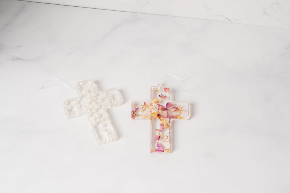 
            
                Load image into Gallery viewer, Cross with Pearl and Rose Petal/Gold Leaf Detail
            
        
