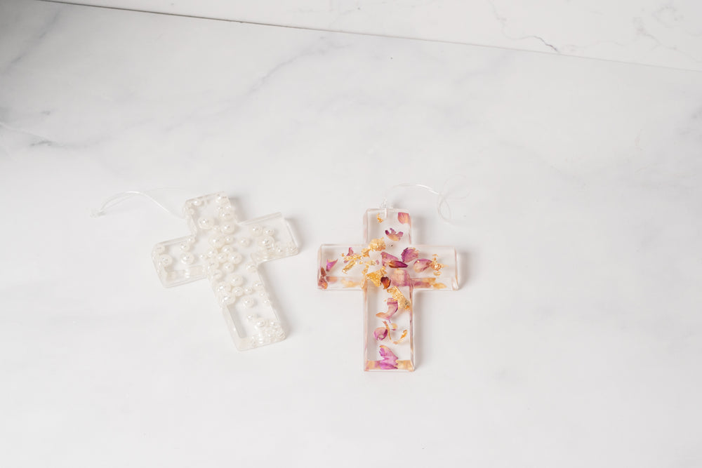 Cross with Pearl and Rose Petal/Gold Leaf Detail