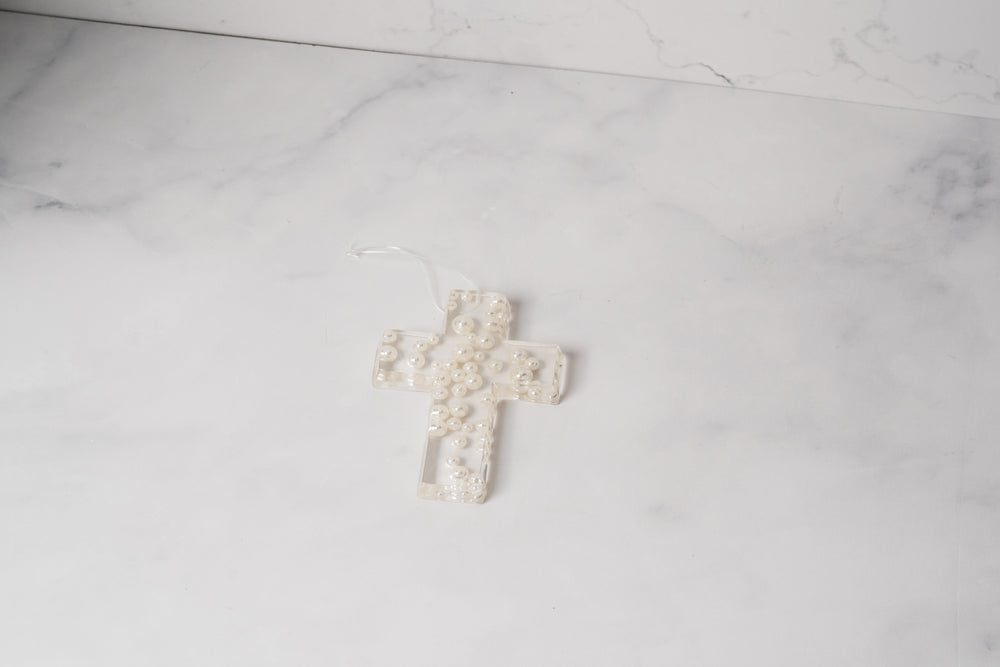 Cross with Pearl and Rose Petal/Gold Leaf Detail