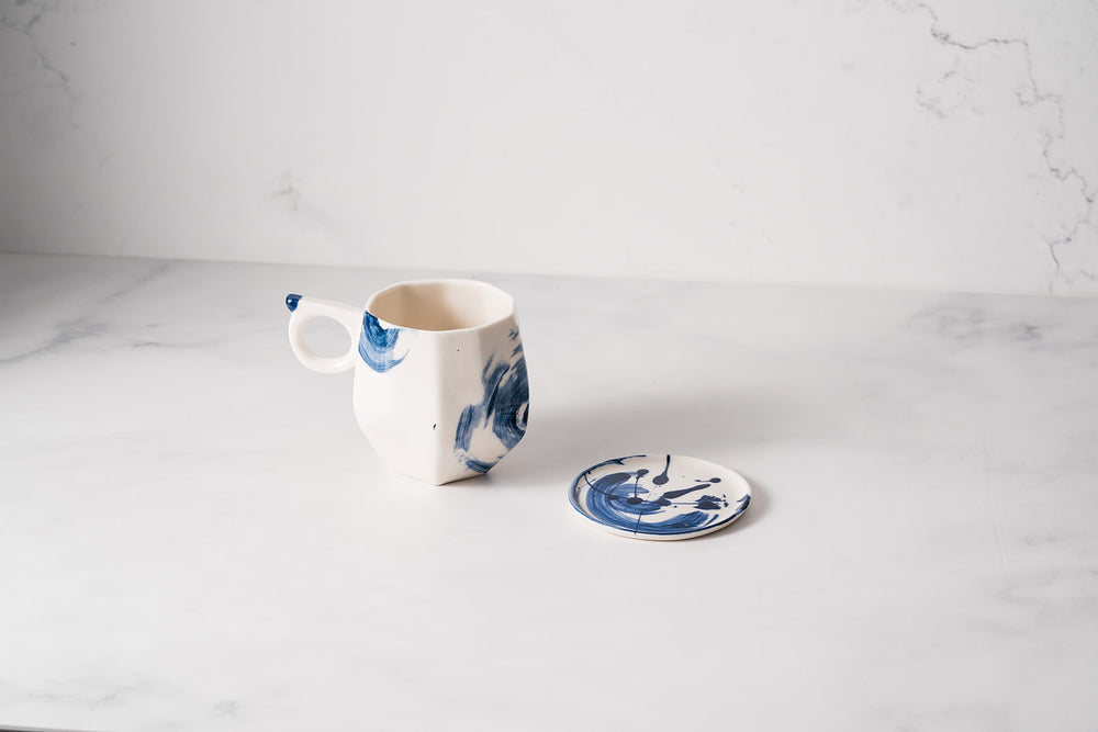 White Porcelain & Cobalt Blue Swirl Geo Mug with matching Saucer