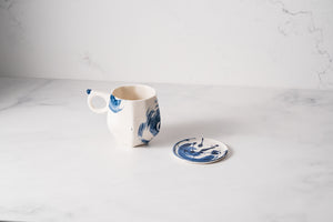 White Porcelain & Cobalt Blue Swirl Geo Mug with matching Saucer
