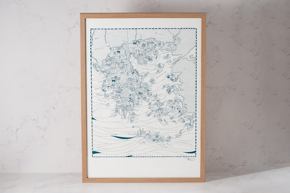 Map of Greece Screen Printed Poster in Frame