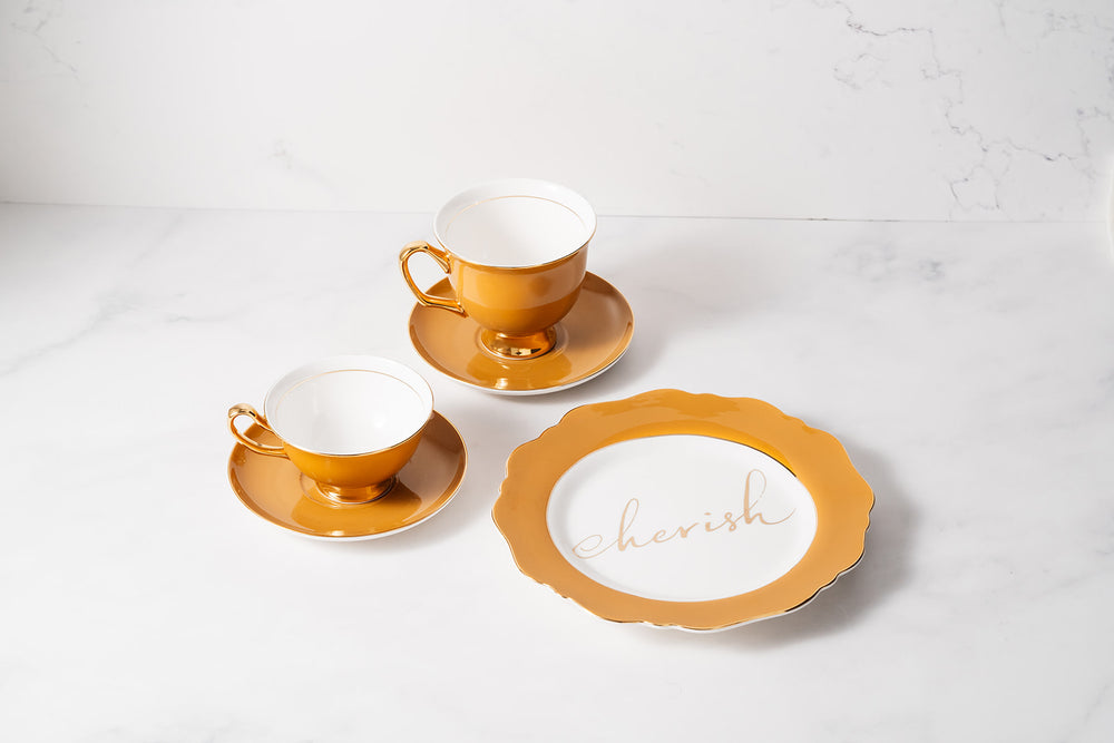 Mustard Fine Bone China Teacup & Saucer sets and 'Cherish' Sideplate