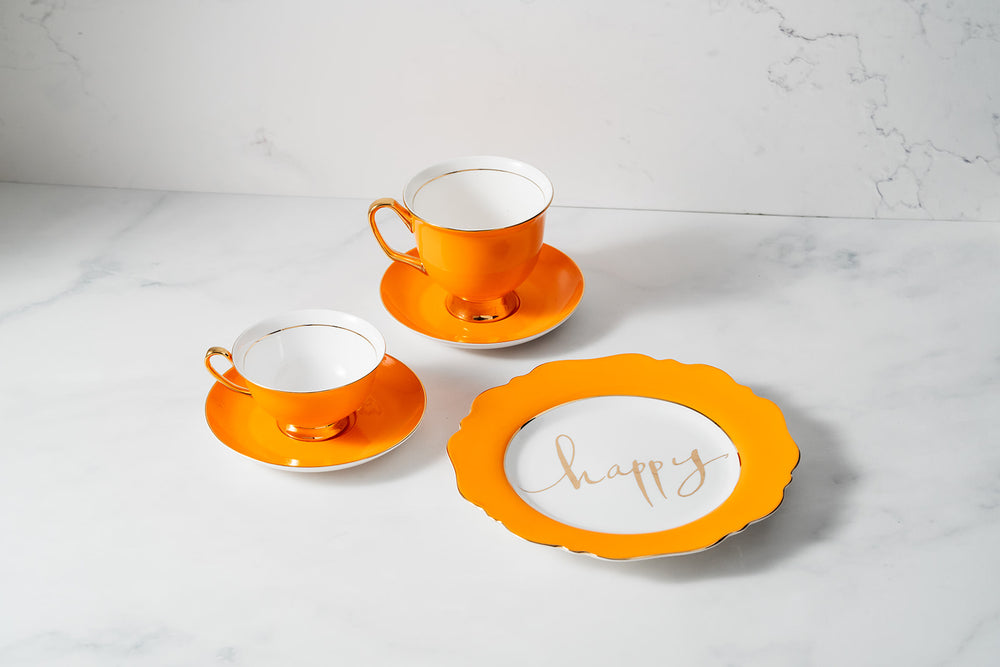 Orange Fine Bone China Teacup & Saucer sets and 'Happy' Sideplate