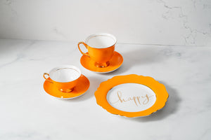 Orange Fine Bone China Teacup & Saucer sets and 'Happy' Sideplate
