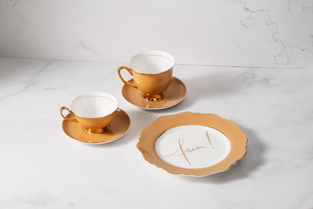 Fawn Fine Bone China Teacup & Saucer sets and 'Fun!' Sideplate
