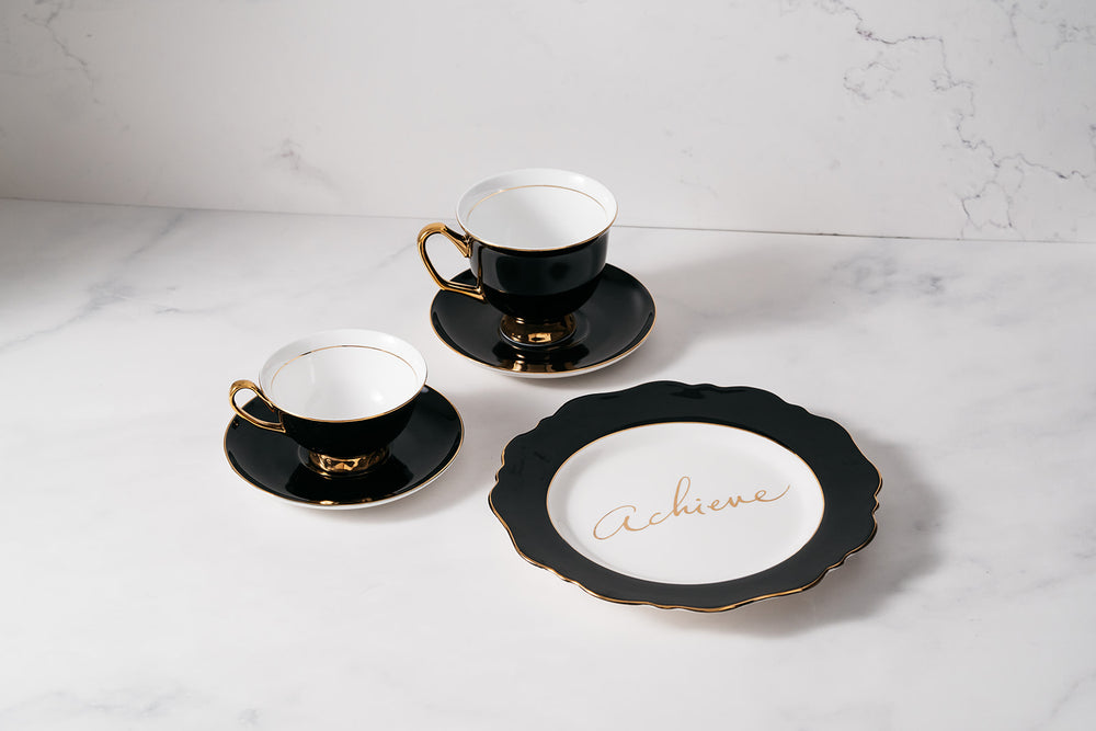 Black Fine Bone China Teacup & Saucer sets and 'Achieve' Sideplate