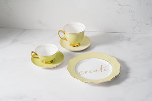 
            
                Load image into Gallery viewer, Pale Green Fine Bone China Teacup &amp;amp; Saucer sets and &amp;#39;Create&amp;#39; Sideplate
            
        