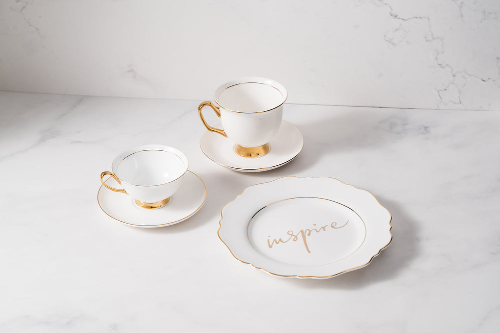 
            
                Load image into Gallery viewer, White Fine Bone China Teacup &amp;amp; Saucer sets and &amp;#39;Inspire&amp;#39; Sideplate
            
        