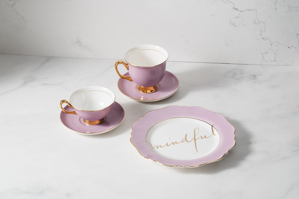 
            
                Load image into Gallery viewer, Lavender Fine Bone China Teacup &amp;amp; Saucer sets and &amp;#39;Mindful&amp;#39; Sideplate
            
        