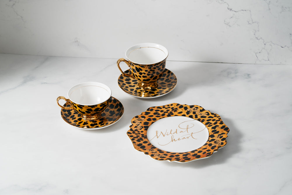 
            
                Load image into Gallery viewer, Leopard Print Fine Bone China Teacup &amp;amp; Saucer sets and &amp;#39;Wild at Heart&amp;#39; Sideplate
            
        