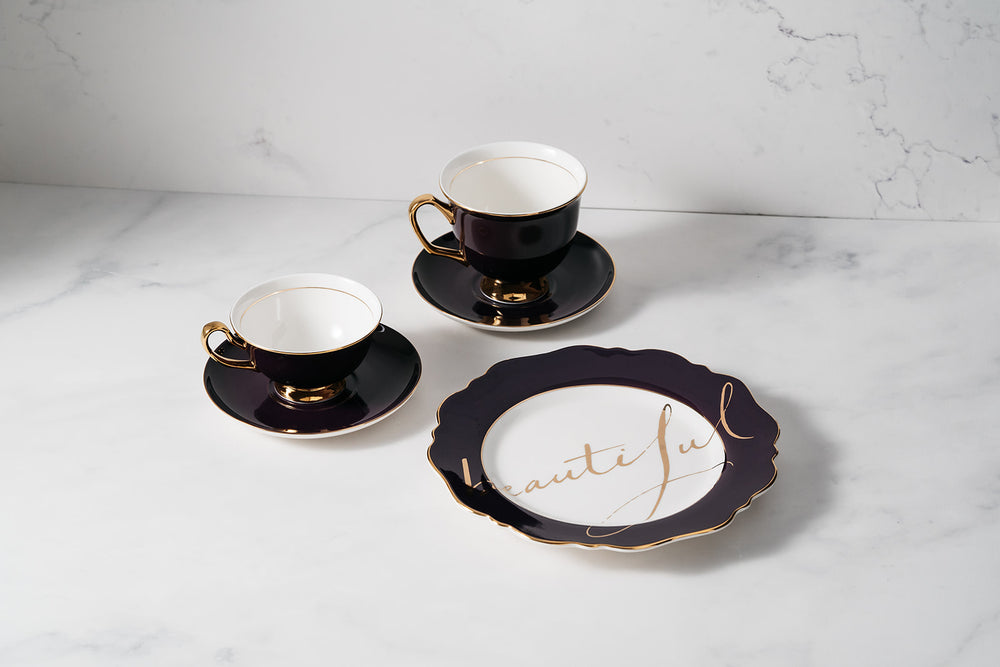 
            
                Load image into Gallery viewer, Aubergine Fine Bone China Teacup &amp;amp; Saucer sets and &amp;#39;Beautiful&amp;#39; Sideplate
            
        
