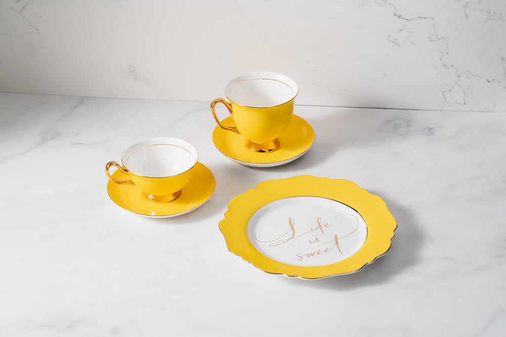 Yellow Fine Bone China Teacup & Saucer sets and 'Life is Sweet' Sideplate