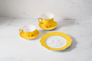 
            
                Load image into Gallery viewer, Yellow Fine Bone China Teacup &amp;amp; Saucer sets and &amp;#39;Life is Sweet&amp;#39; Sideplate
            
        
