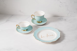 Pale Blue Fine Bone China Teacup & Saucer sets and 'Be True' Sideplate