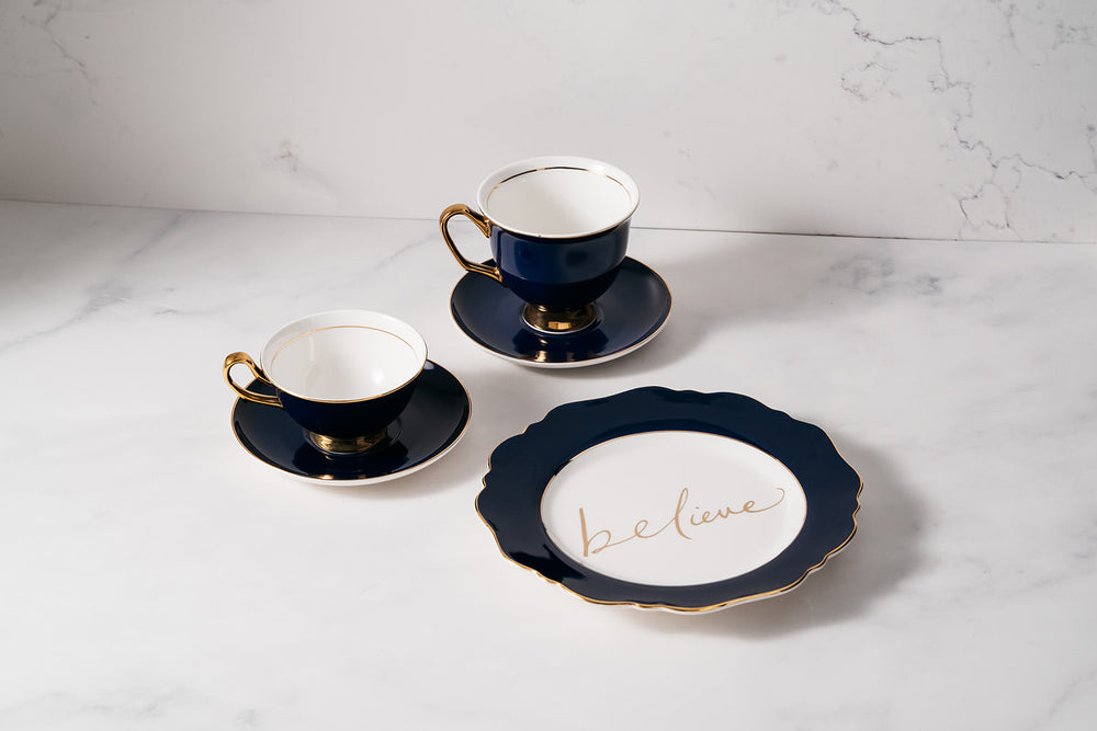 Navy Fine Bone China Teacup & Saucer sets and 'Believe' Sideplate