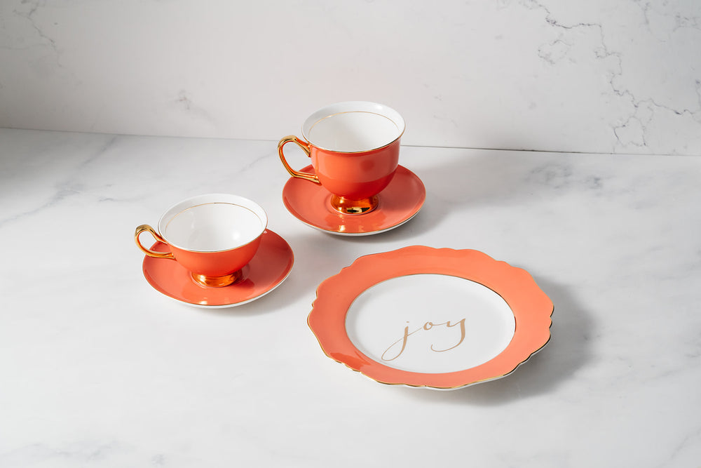 Peach Fine Bone China Teacup & Saucer sets and 'Joy' Sideplate